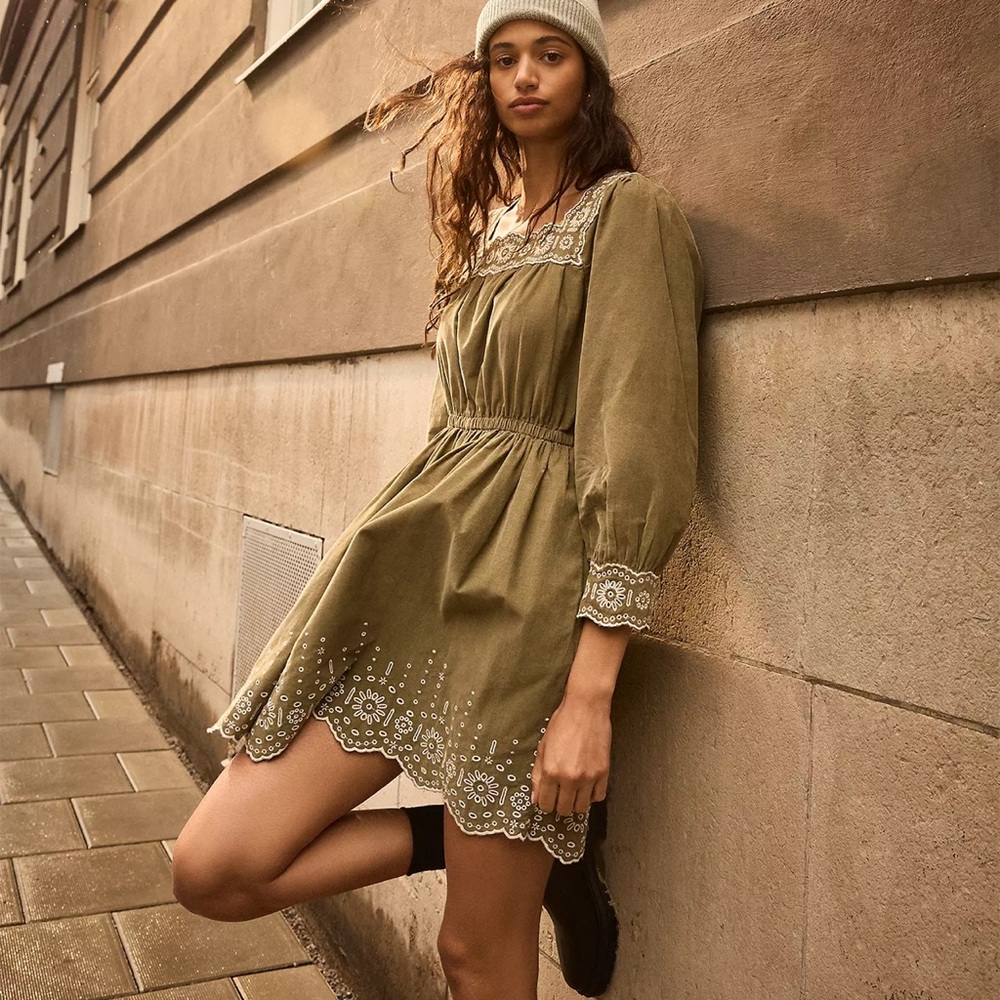 NWT Madewell Embroidered Corduroy Square-Neck Mini Dress - Picture 8 of 9